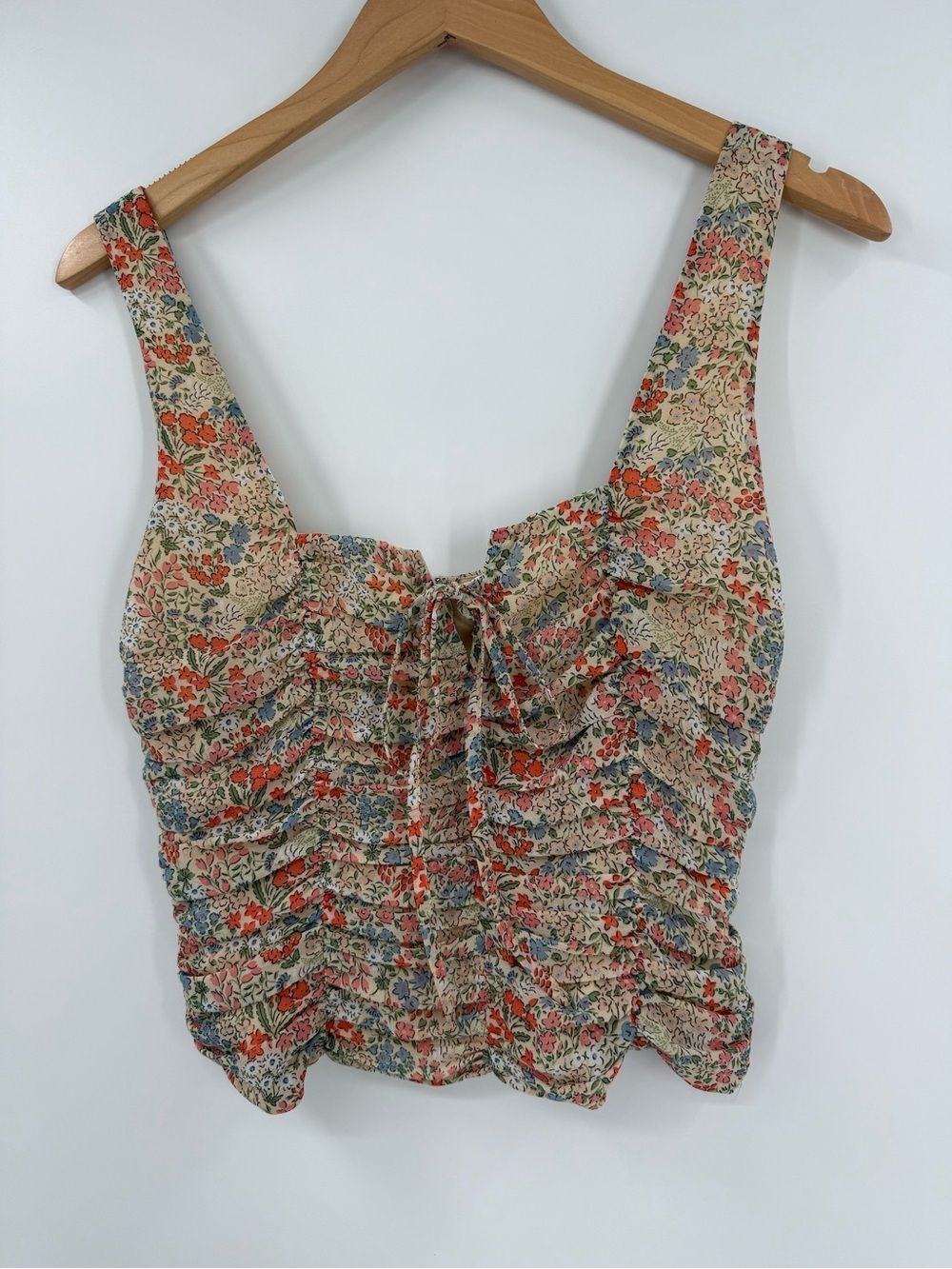 Showpo. Floral Ruched Crop Top | Cream/Multi | US 4